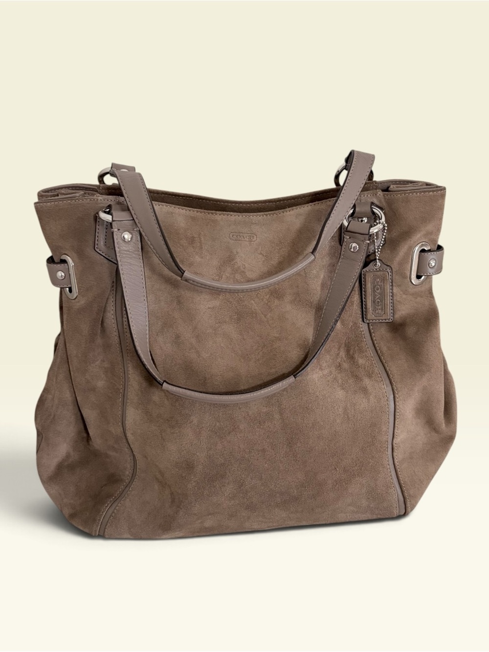 VTG Coach Grey Suede Leather Large Shoulder Bag Tote Silver Buckles F12835